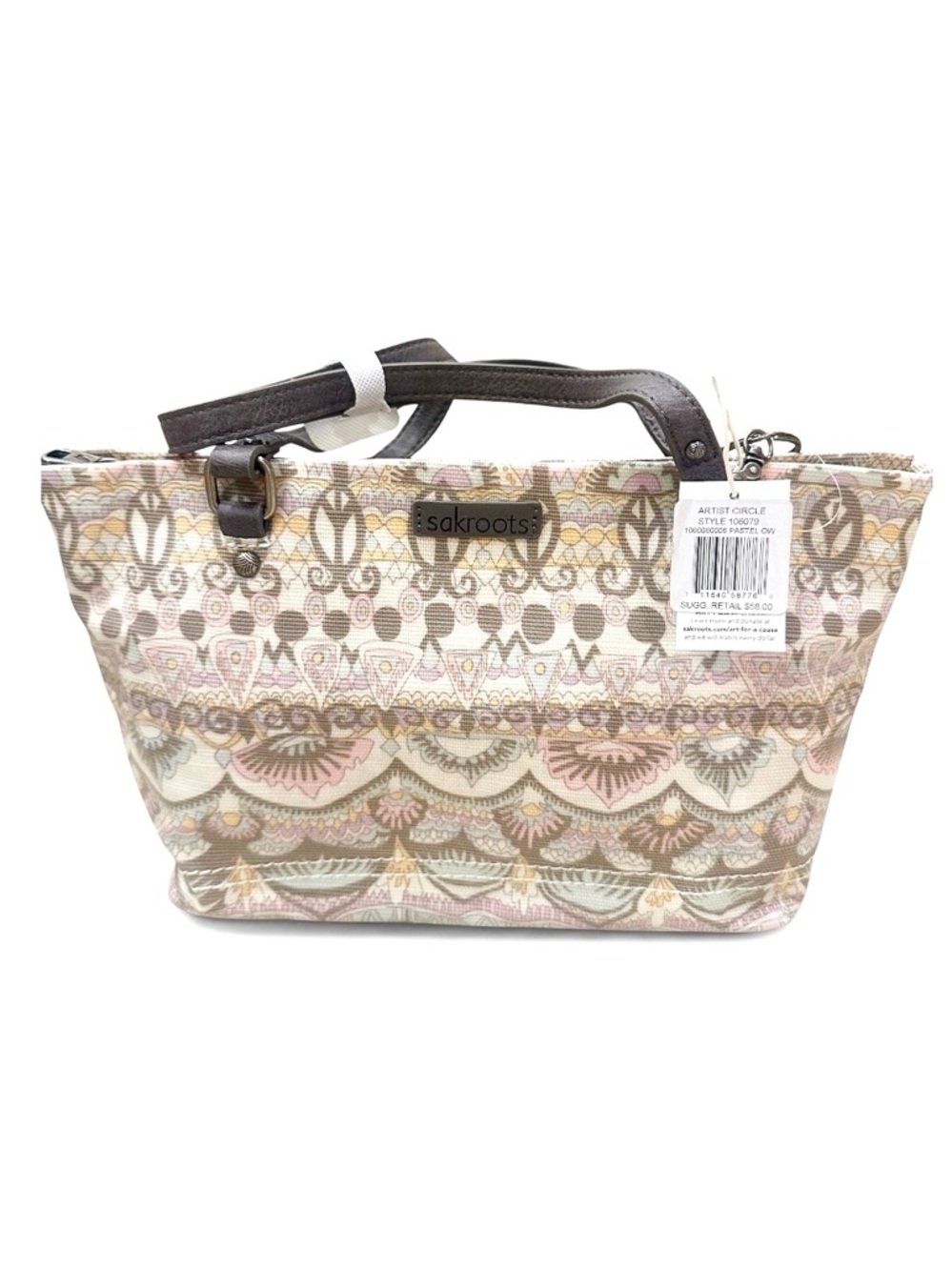Sakroots Neutral Patterned Tote with Brown Leather Straps